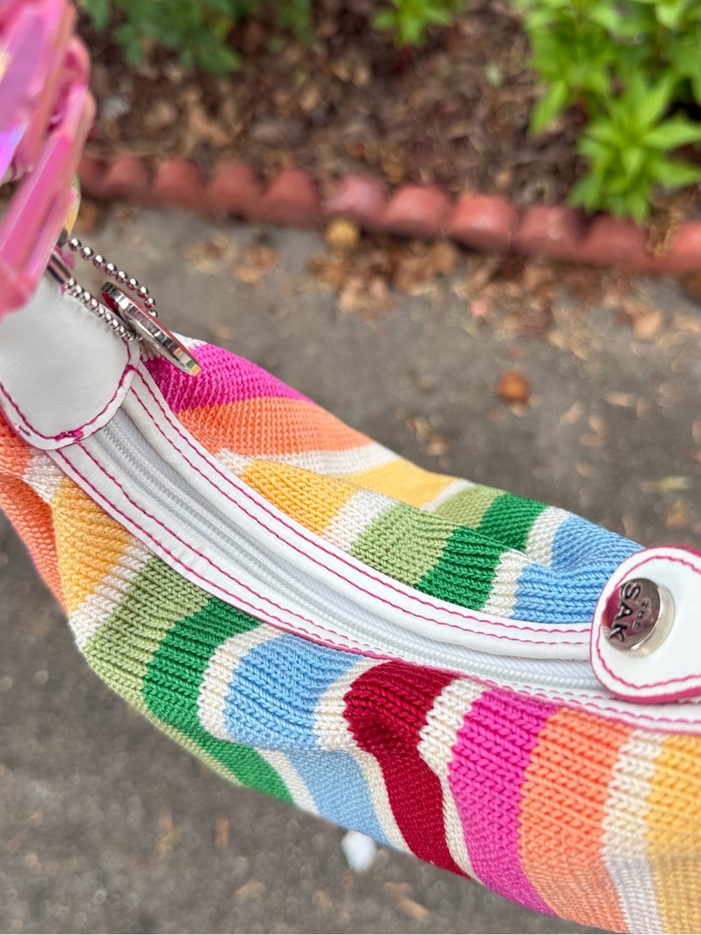 The Sak Rainbow Stripe Kids Shoulder Bag with Pink Plush Charm - Picture 6 of 13